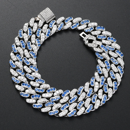 12MM MICRO INLAID BLUE WHITE ZIRCON CHAIN HIPHOP ACCESSORIES ICED OUT JEWELRY